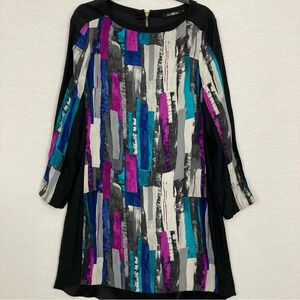 Alice & Trixie Multi Color Round Neck 100% Silk Long Sleeve Dress Large
